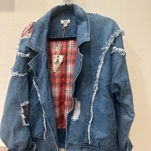 Easel- Distressed Denim Jacket with Plaid Lining NWT small